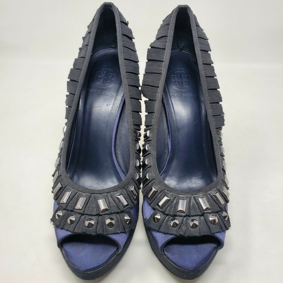 Tory Burch Peep Toe Heels Sz 8.5 M Ruffles Studs - Picture 8 of 11